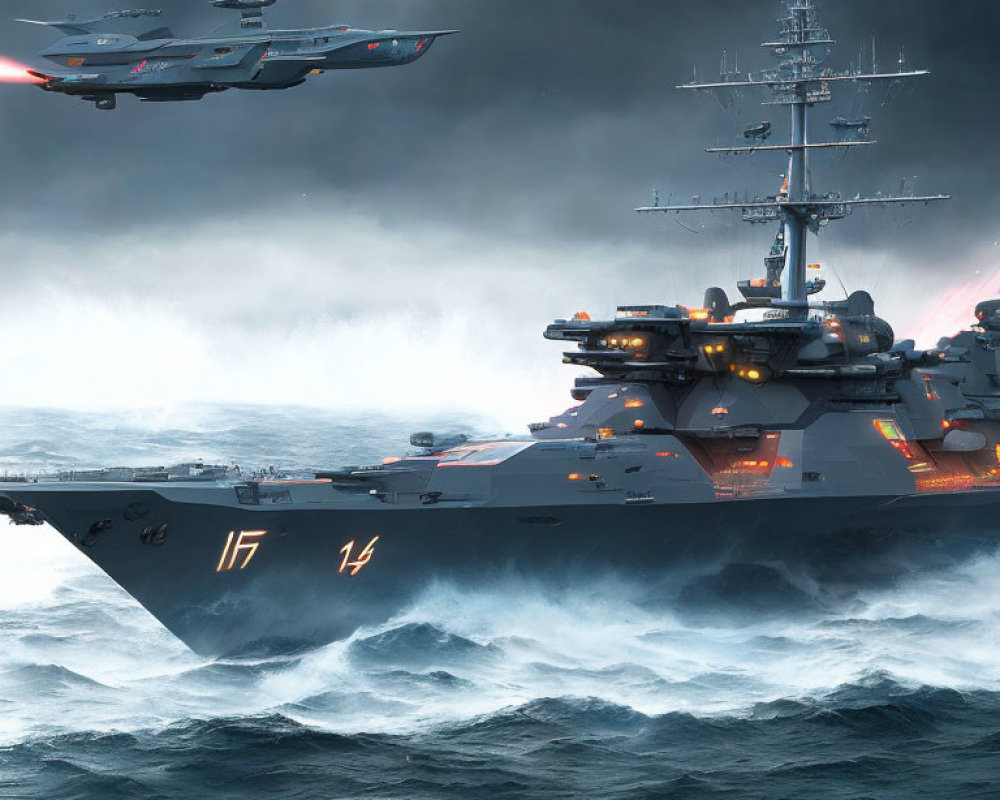 Futuristic battleship with advanced weaponry on stormy seas