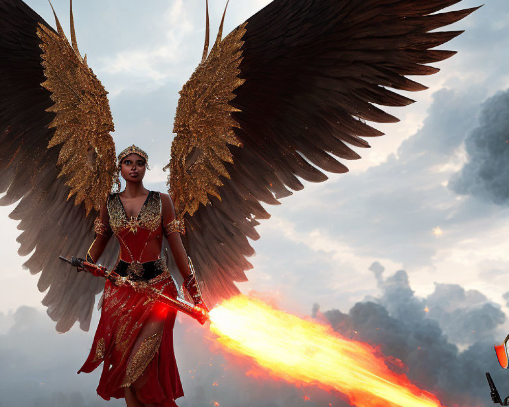 Woman with golden wings and flaming sword on smoky battlefield