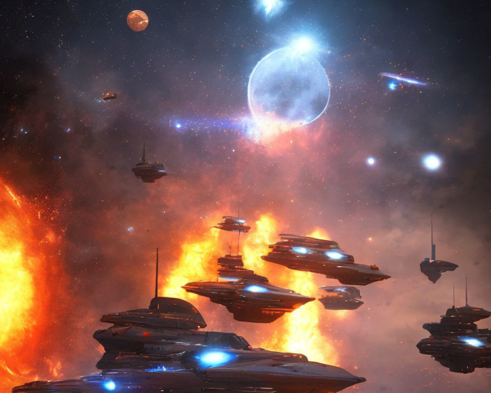 Futuristic spacecraft fleet in cosmic scene with stars, planets, and nebula.