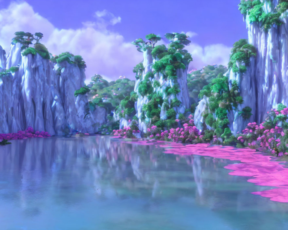 Tranquil fantasy landscape with towering cliffs and pink-hued water
