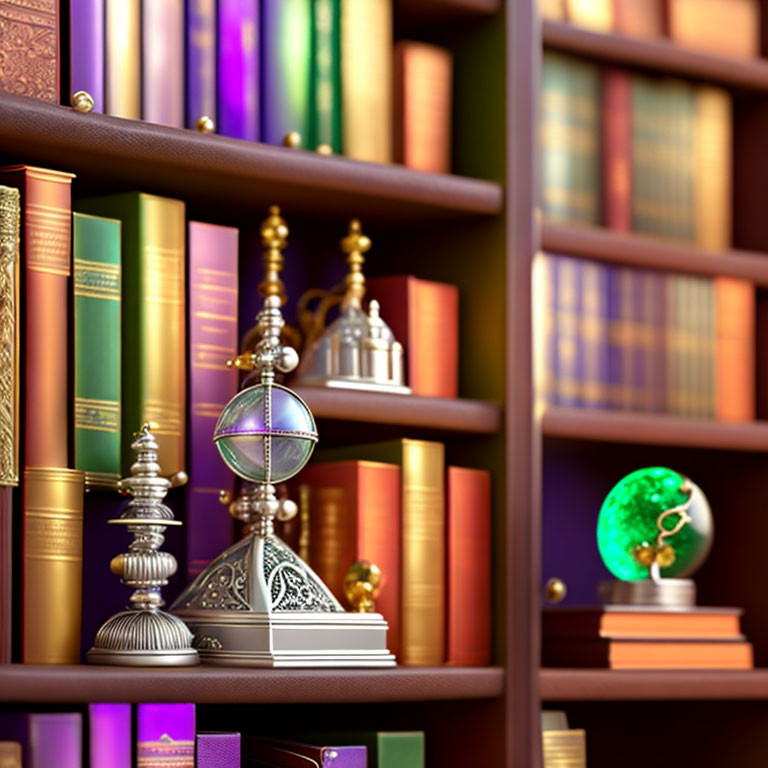 Diverse Book Collection on Wooden Shelves with Globe and Metal Artifacts