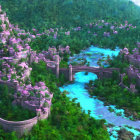 Green forest with blue river and pink-roofed structures nestled within.