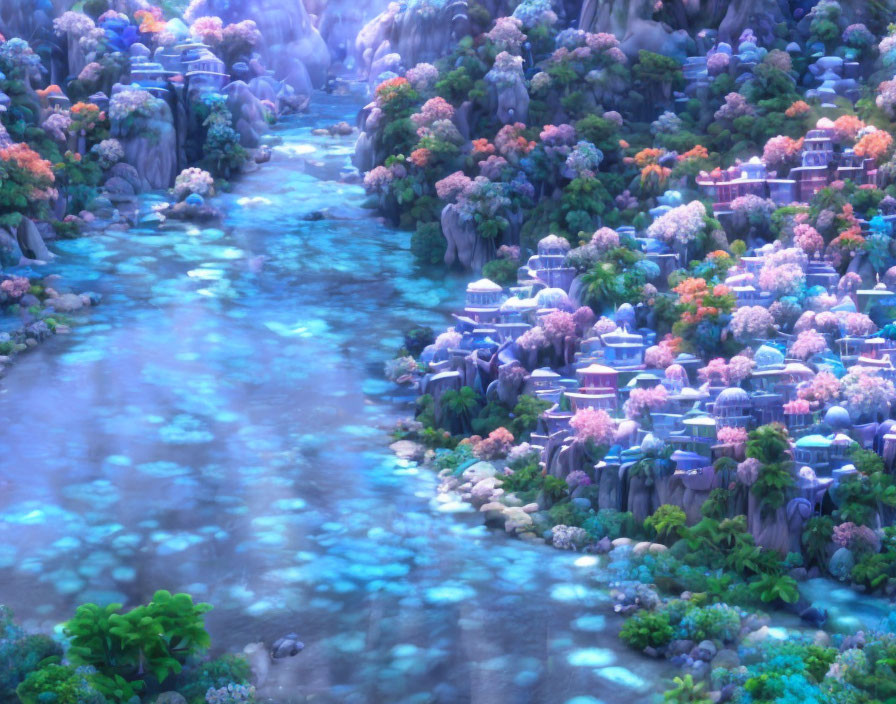 Mystical river flows through colorful landscape with flowering trees and whimsical buildings