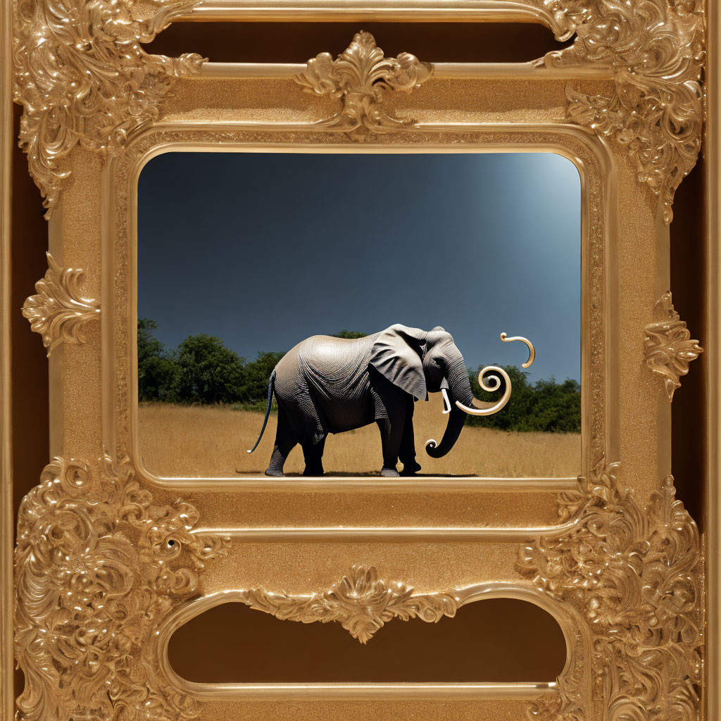 Elephant in savannah with golden frame on blue sky backdrop