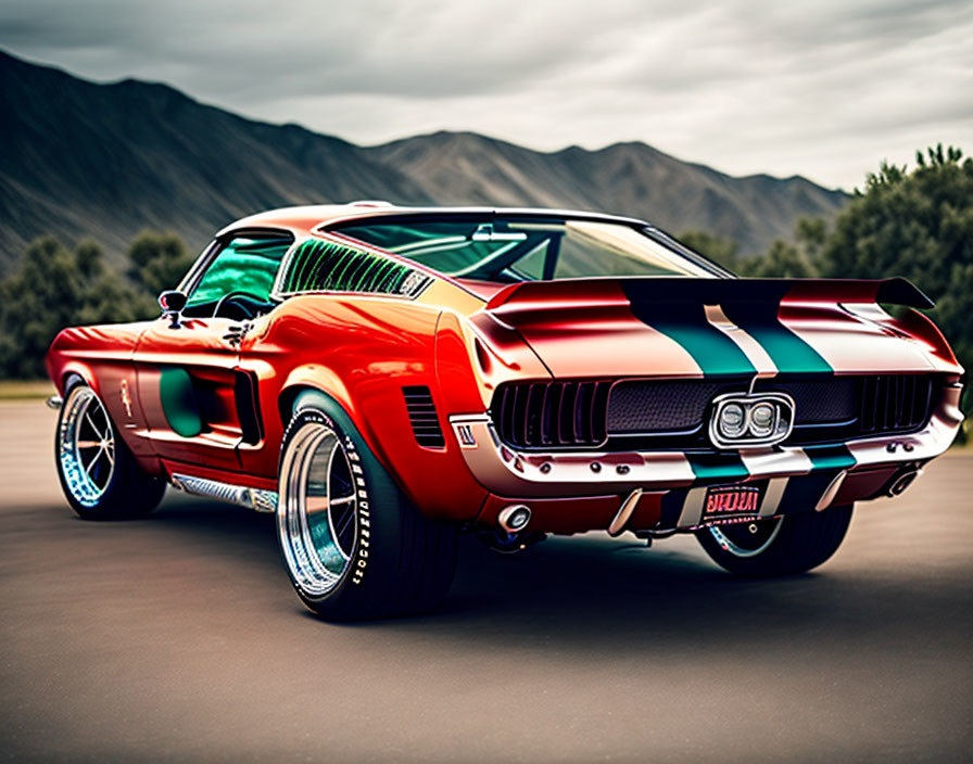 Red Vintage Muscle Car with Racing Stripes and Chrome Wheels on Mountainous Background