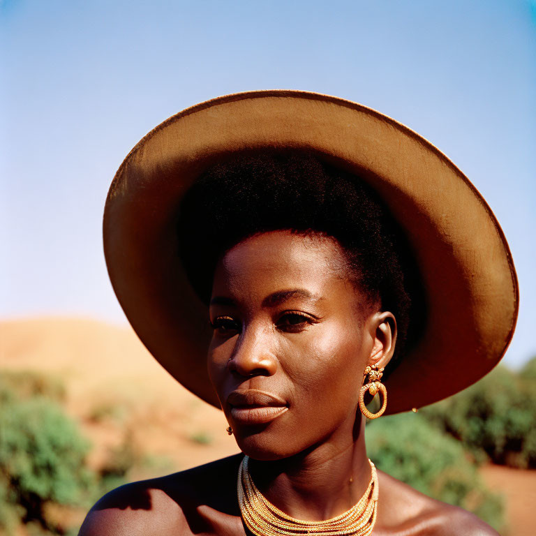 Portrait of woman in wide-brimmed hat against desert backdrop with jewelry.