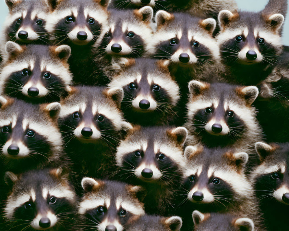 Cluster of raccoons with black eye masks and ringed tails on blue background