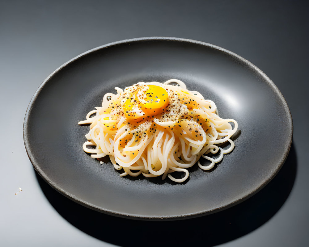 Spaghetti with Raw Egg Yolk and Black Pepper on Dark Dish