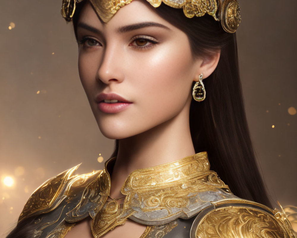 Golden Armored Woman in Intricate Helmet Amid Shimmering Lights