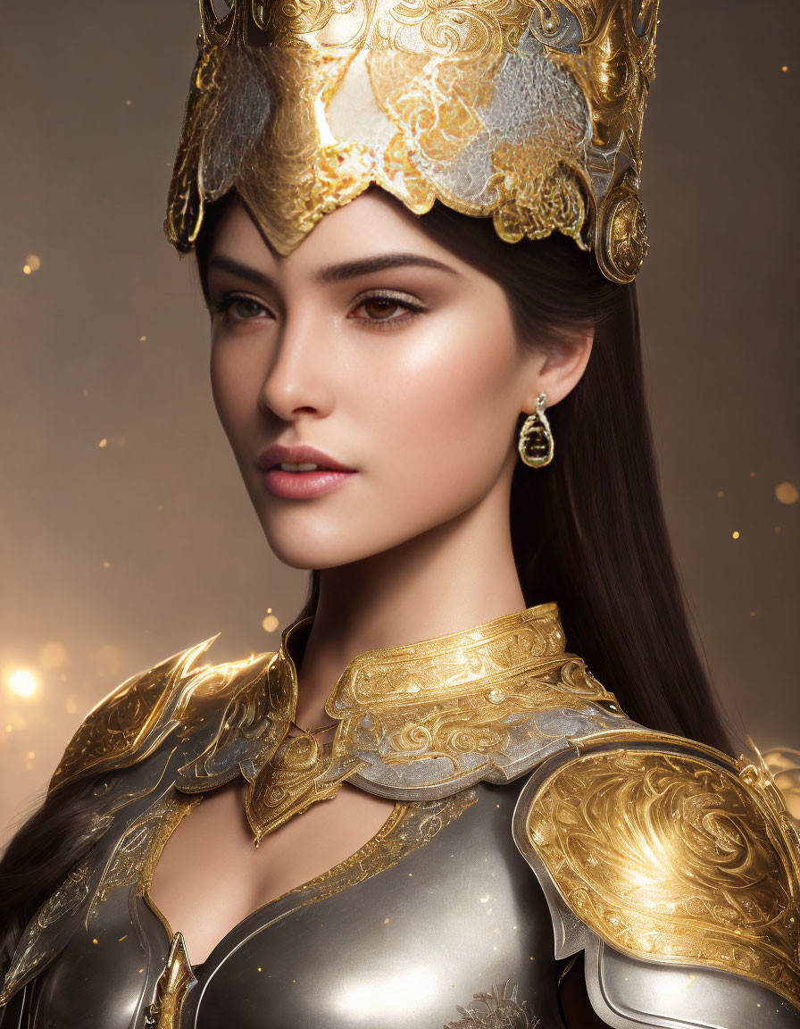 Golden Armored Woman in Intricate Helmet Amid Shimmering Lights