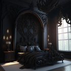 Monochrome Gothic-style bedroom with ornate furniture and tall windows