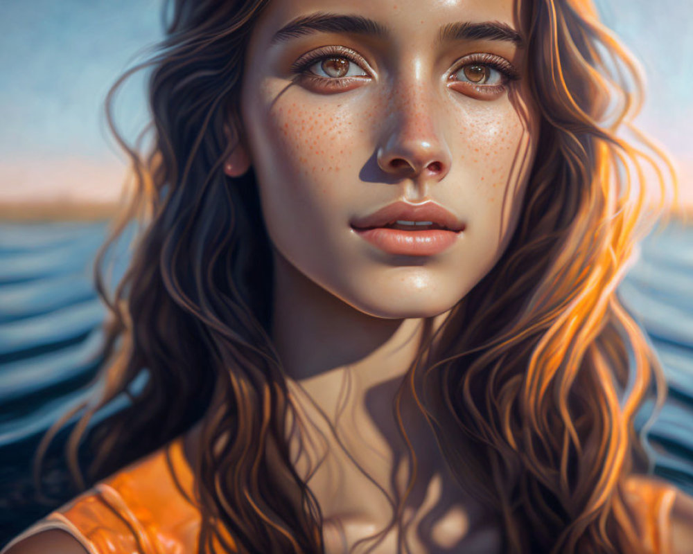 Woman with Freckles and Wavy Hair Portrait Against Blue Water