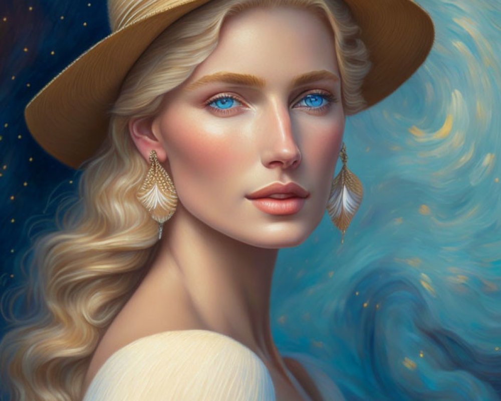 Blonde woman portrait with blue eyes, hat, and earrings