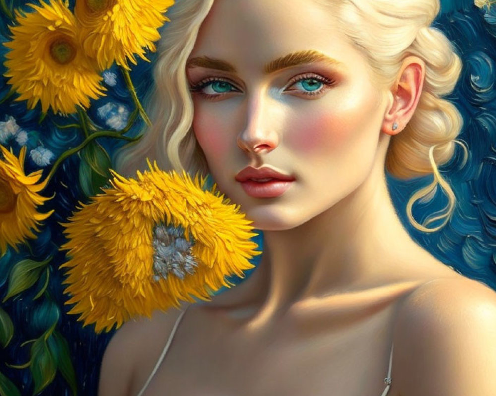 Blonde Woman with Blue Eyes Surrounded by Yellow Flowers on Blue Background