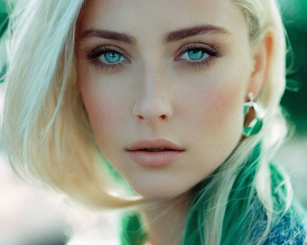 Blonde Woman Portrait with Striking Blue Eyes and Blue Top