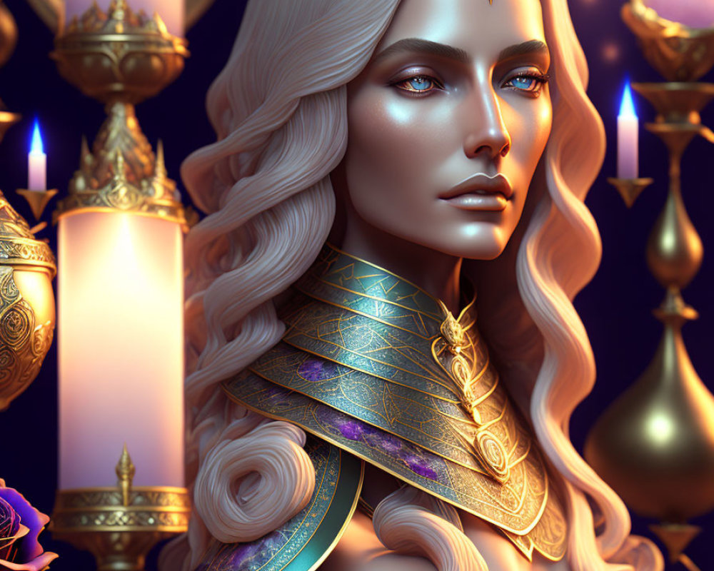 Regal woman digital artwork with white hair, golden armor, and mystical ambiance.