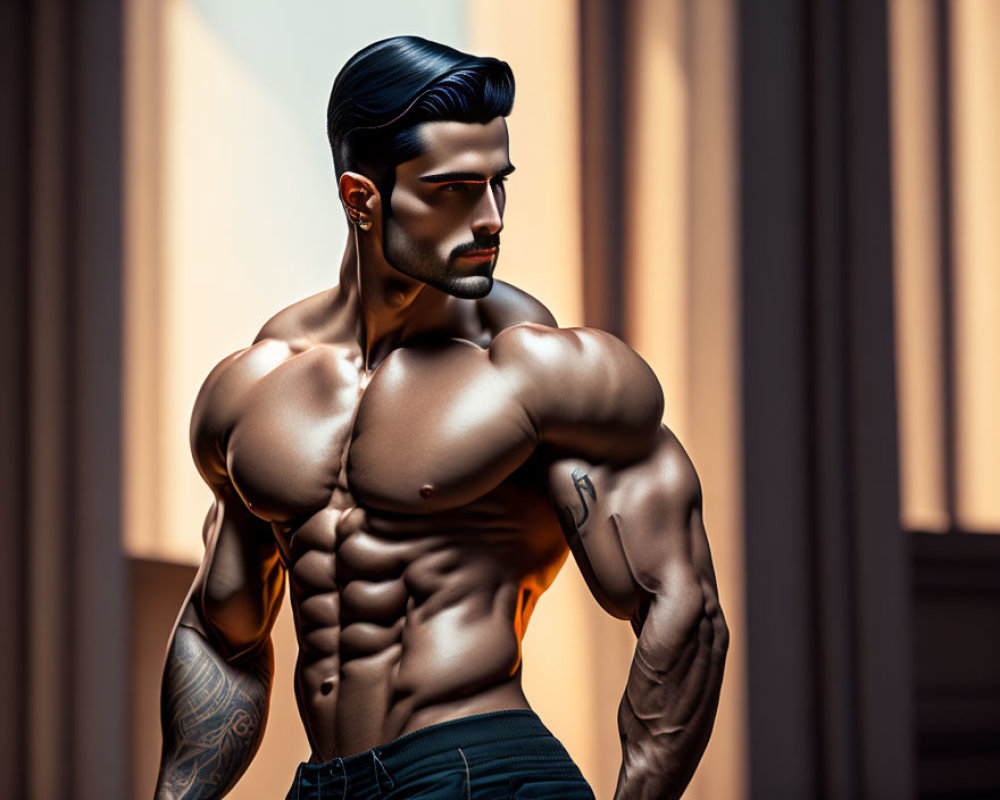 Muscular man with dark pompadour, beard, and arm tattoos posing confidently
