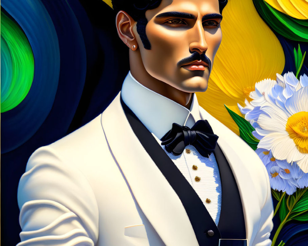 Stylish man with mustache in white suit and bow tie holding wine glass on vibrant floral background