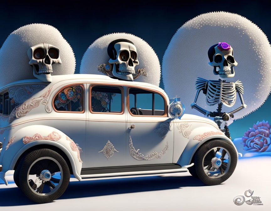Stylized skeleton figures with vintage car in Day of the Dead theme
