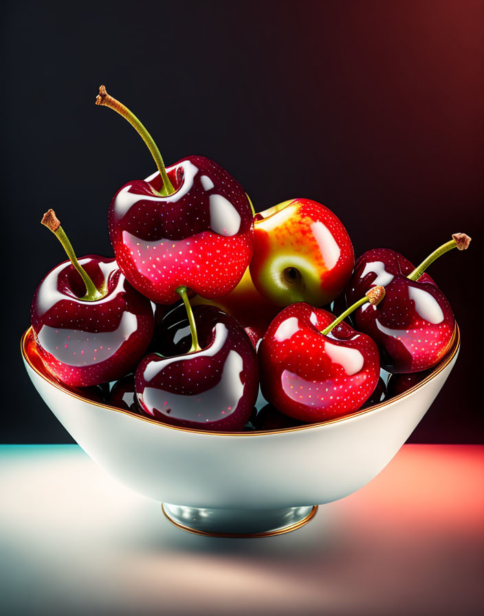 Ripe cherries and apple on reflective surface with dark background