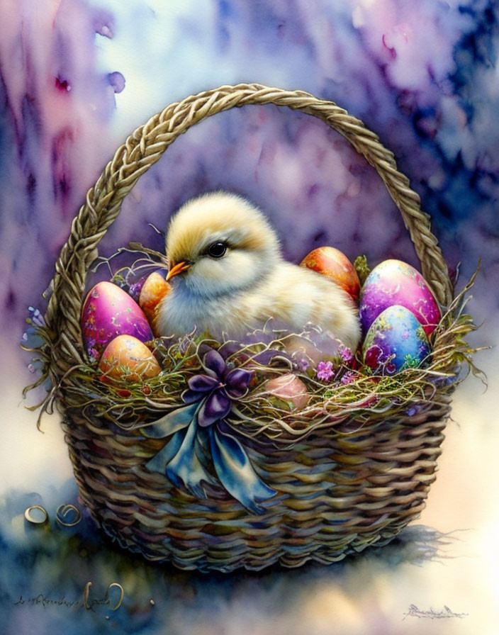 Fluffy chick with Easter eggs in wicker basket and flowers on purple background