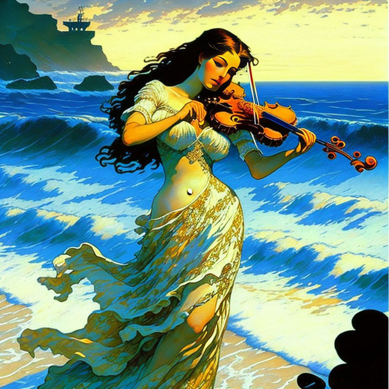 Vibrant seascape painting of woman playing violin by the sea