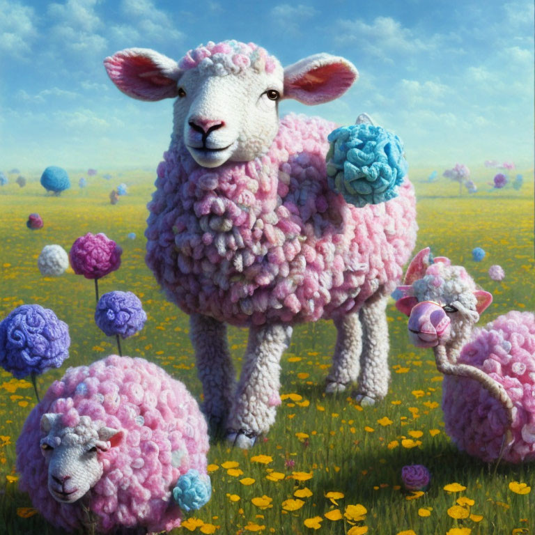 Whimsical painting of pink sheep and woolly flowers in sunny meadow