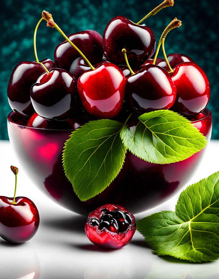 Bowl of red cherries on turquoise background with one bitten cherry