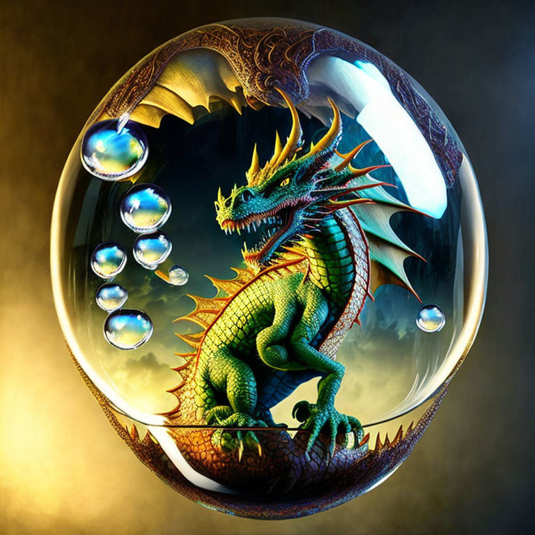 Colorful Dragon in Bubble on Golden Background