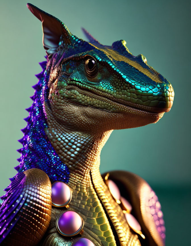 Realistic dinosaur-like creature with iridescent scales and purple spines