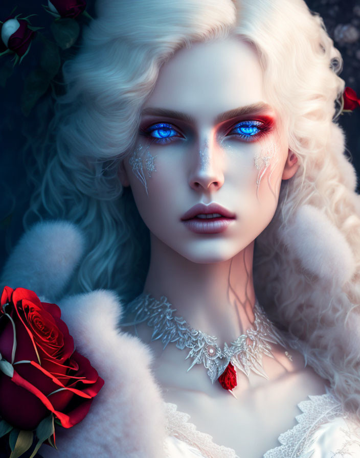 Fantasy woman portrait with blue eyes, white curls, red rose