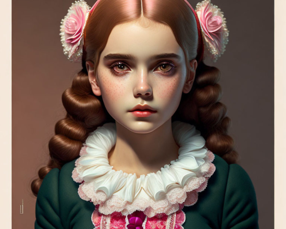Digital Artwork: Girl with Braided Hair and Ruffled Collar