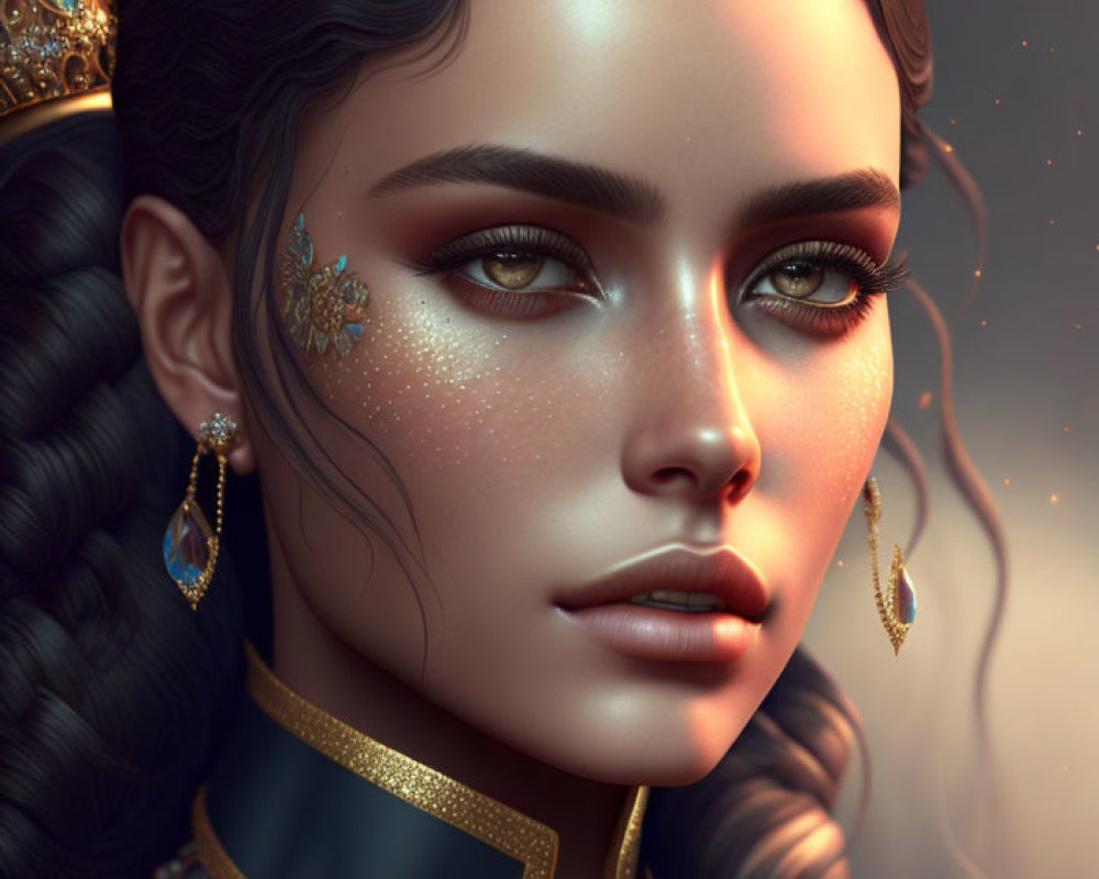 Woman with Dark Hair and Regal Gold Jewelry in Intricate Digital Art
