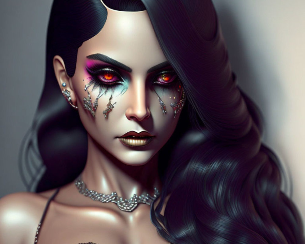 Digital art portrait of female with intricate face makeup, fiery eyes, dark hair, and sparkling jewelry