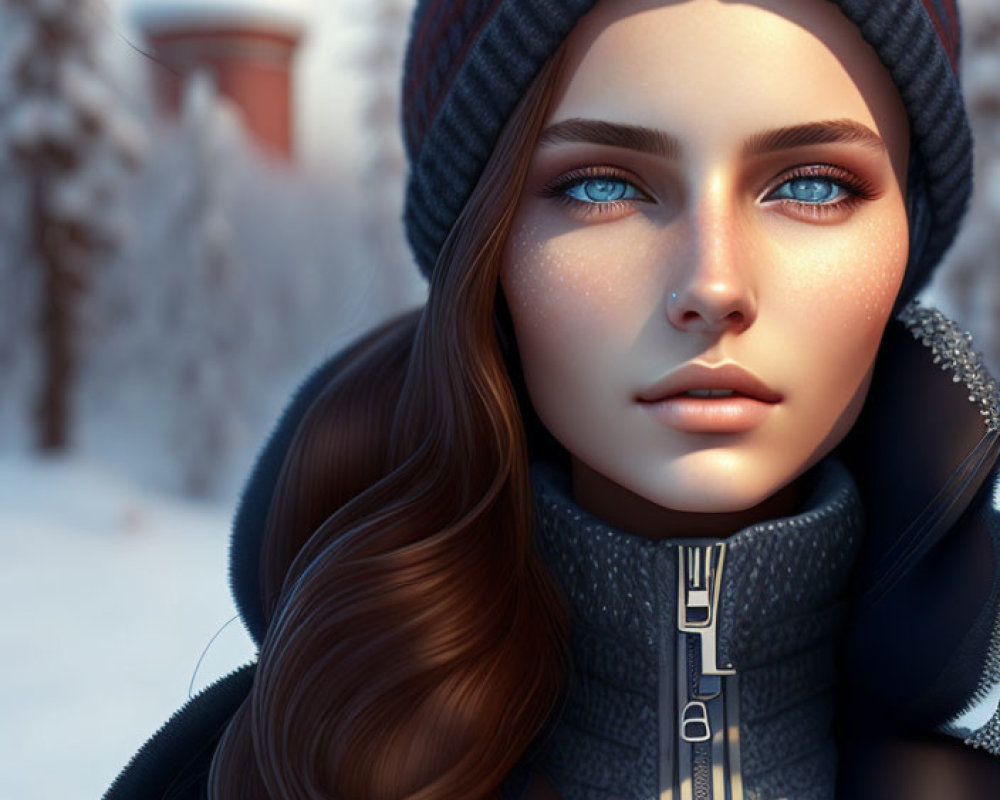 Digital artwork of woman with blue eyes in winter setting
