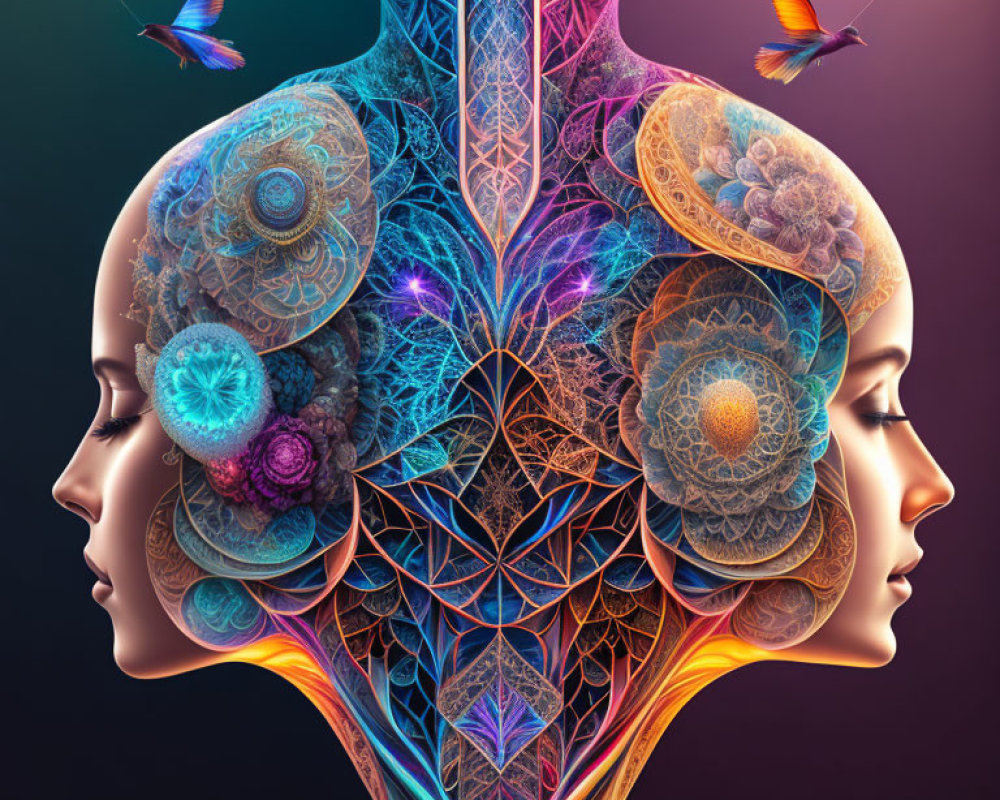 Symmetrical profile faces with fractal tree and butterflies