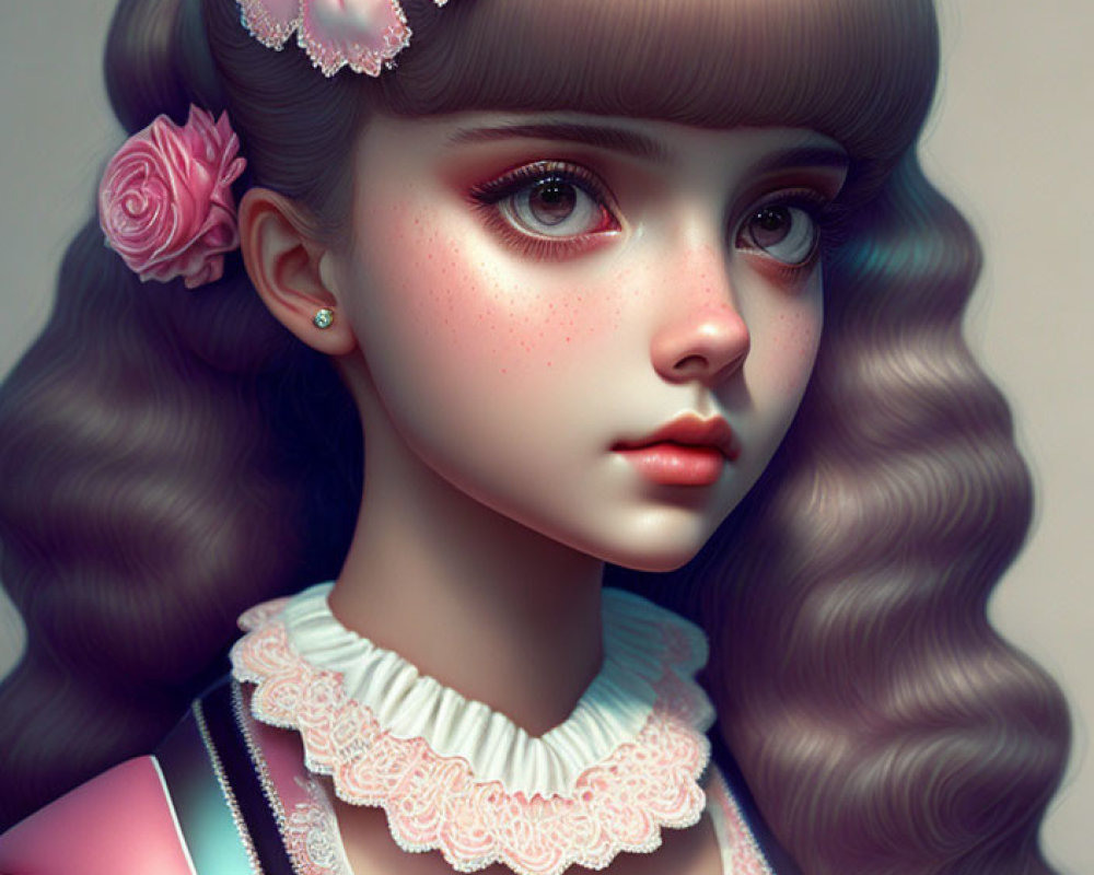 Digital artwork featuring girl with wavy brown hair, large eyes, pink bow, and vintage pink dress