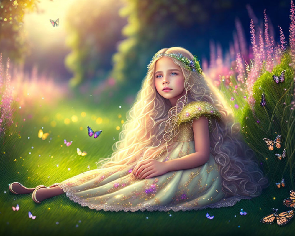 Young girl in sparkly dress with butterflies in sunlit field