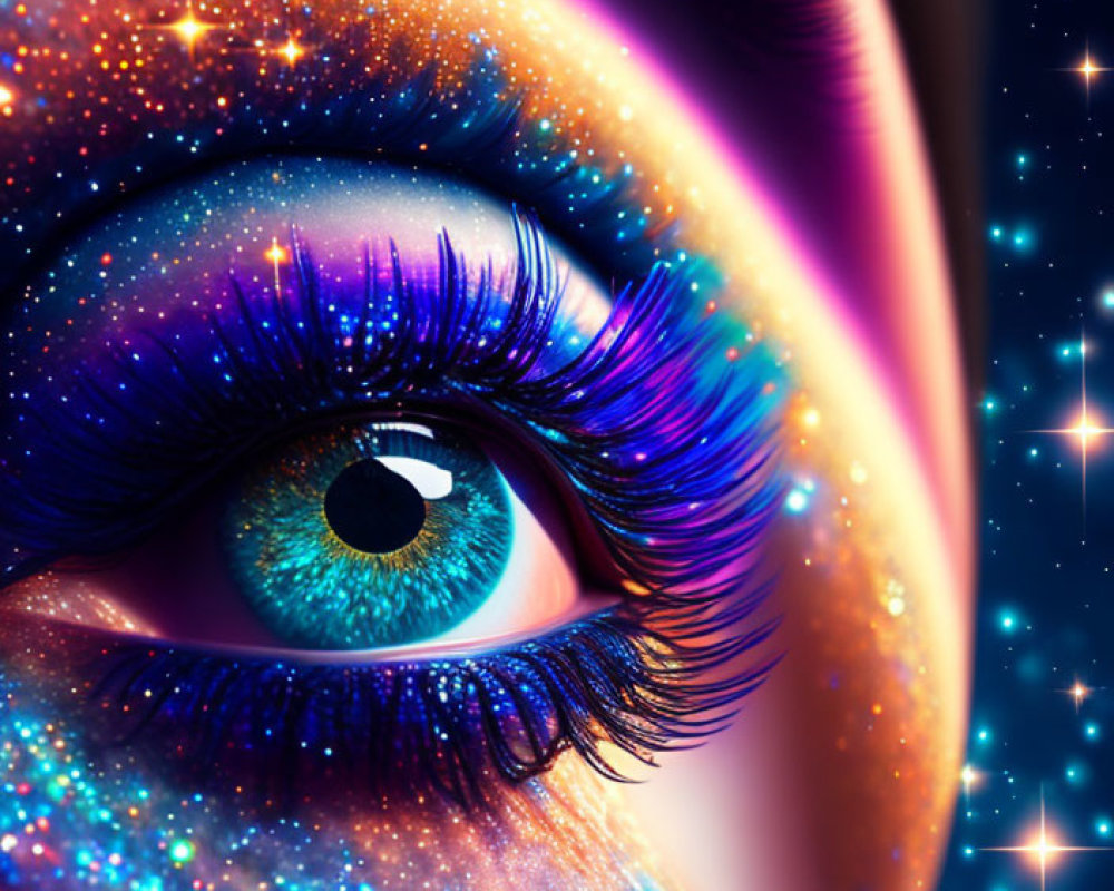 Eye with Cosmic Galaxy Pattern and Blue Lashes on Starry Background