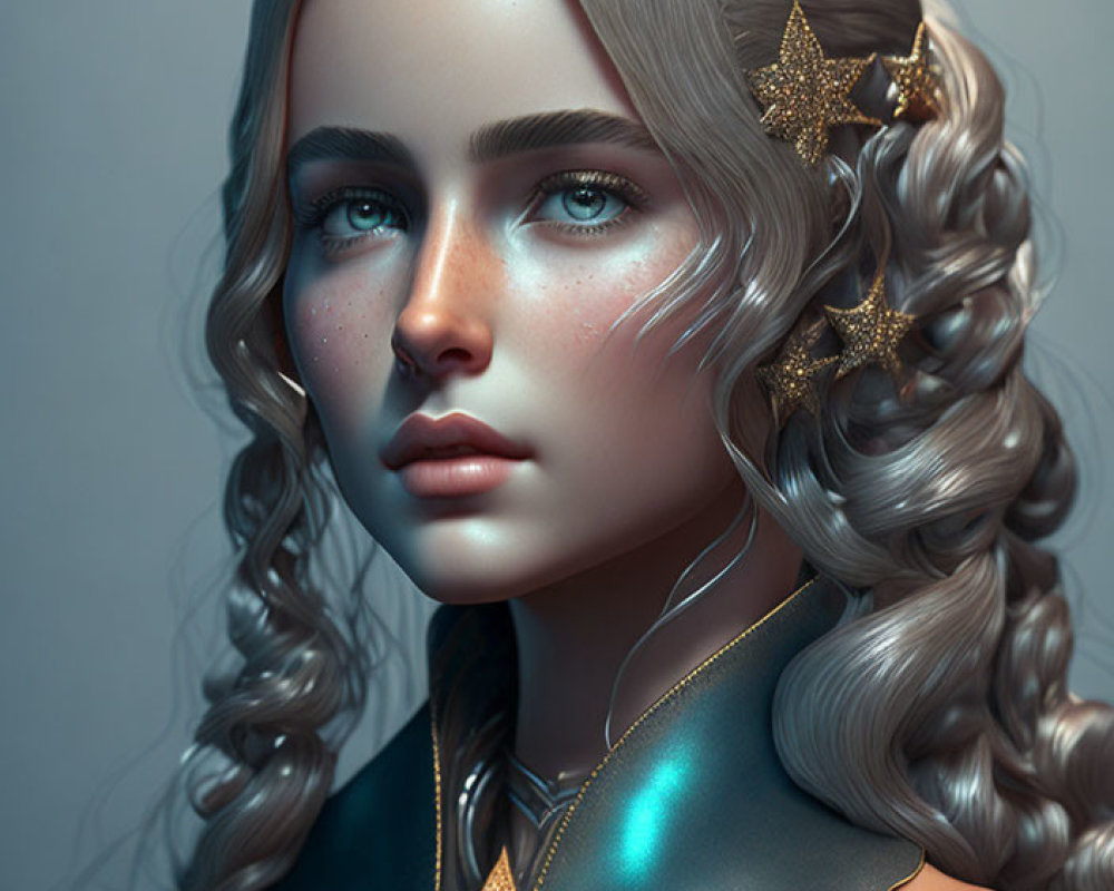 Digital Artwork: Woman with Wavy Blonde Hair and Gold Star Accessories