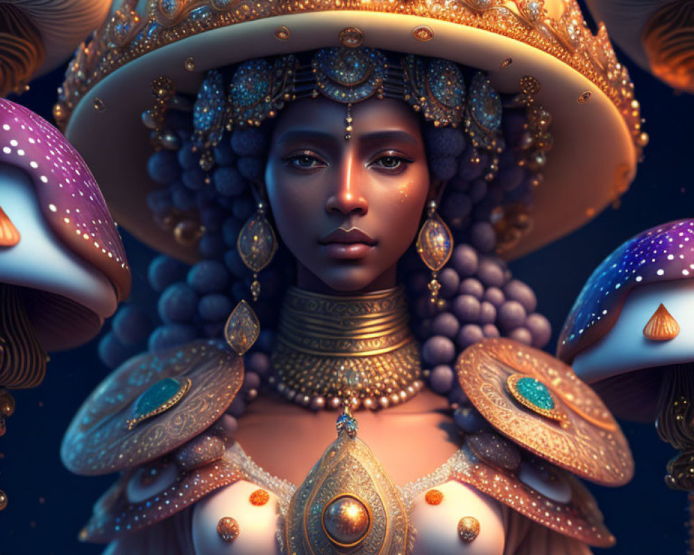 Regal Figure with Golden Jewelry and Oversized Mushrooms