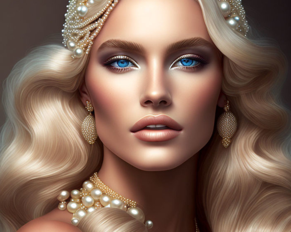 Portrait of Woman with Wavy Blonde Hair and Pearl Jewelry