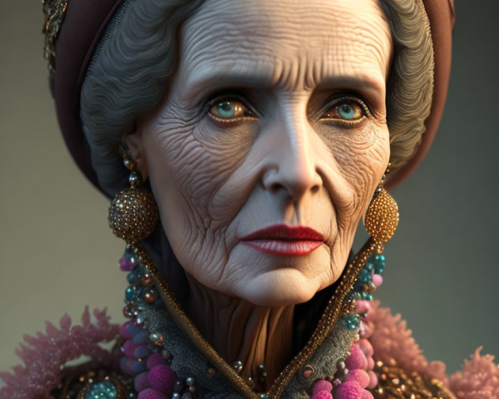 Elderly woman digital artwork with blue eyes and vintage jewelry