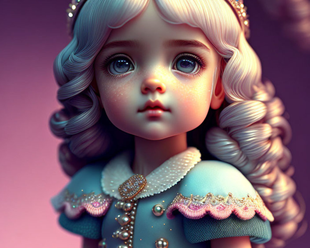3D-rendered doll-like girl with big blue eyes in jeweled crown and blue dress