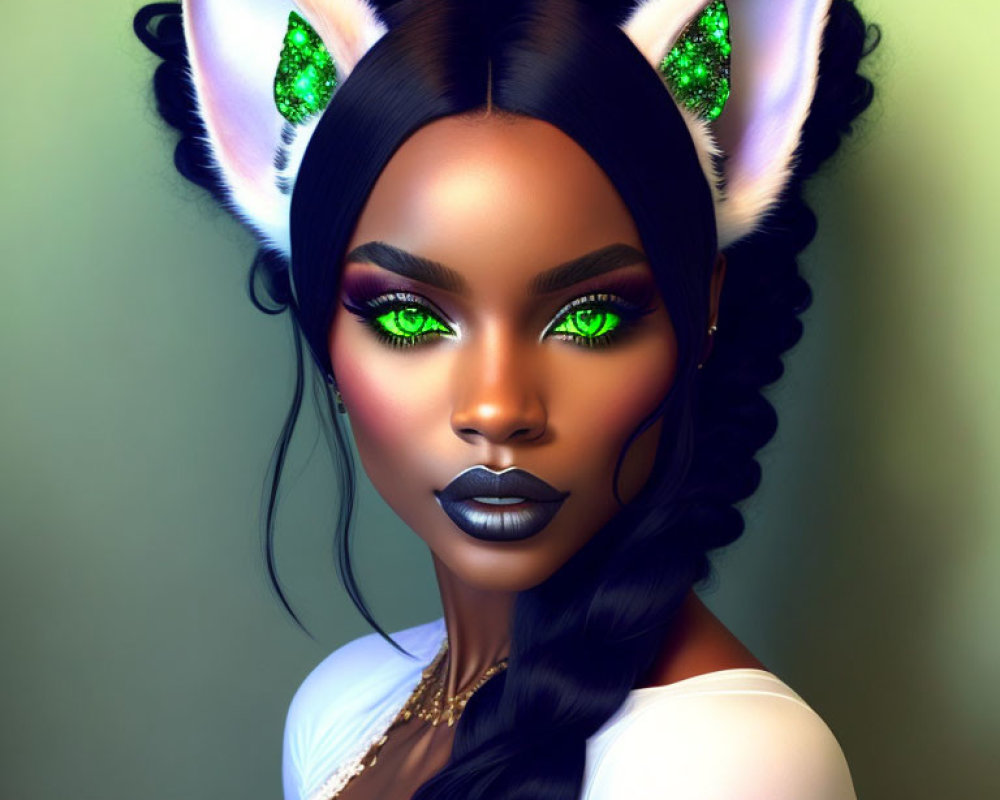 Digital portrait of woman with cat ears, green eyes, dark lipstick, and braided hair on green