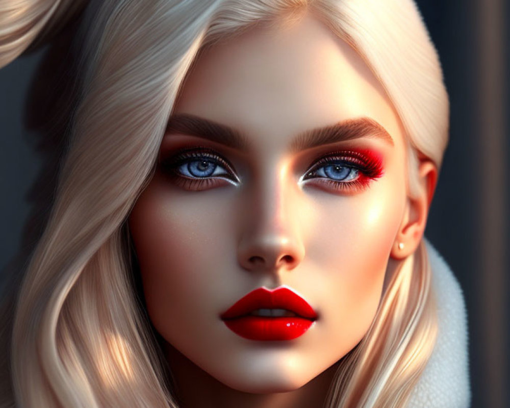 Digital portrait of woman with platinum blonde hair, blue eyes, red lipstick, high ponytail on dark
