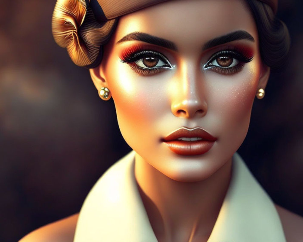 Woman with Striking Makeup and Elegant Hat in Beige Outfit