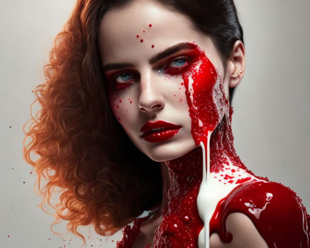 Digital artwork featuring woman with striking makeup and vibrant red splashes