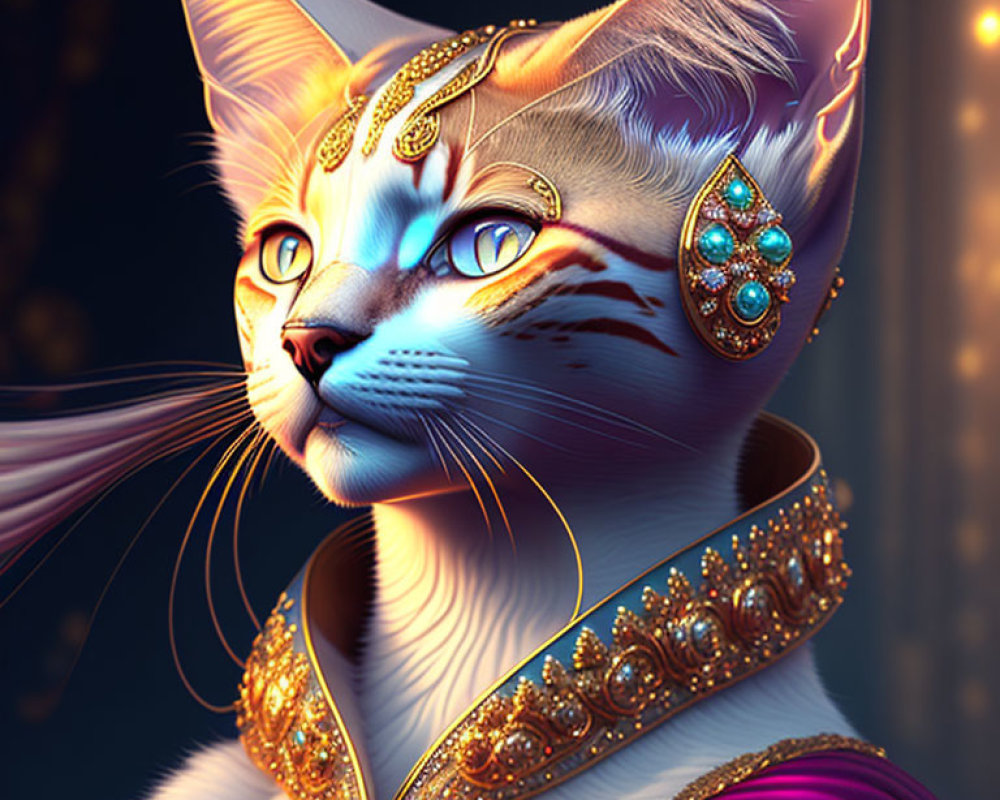 Regal cat with blue eyes in gold jewelry and purple attire