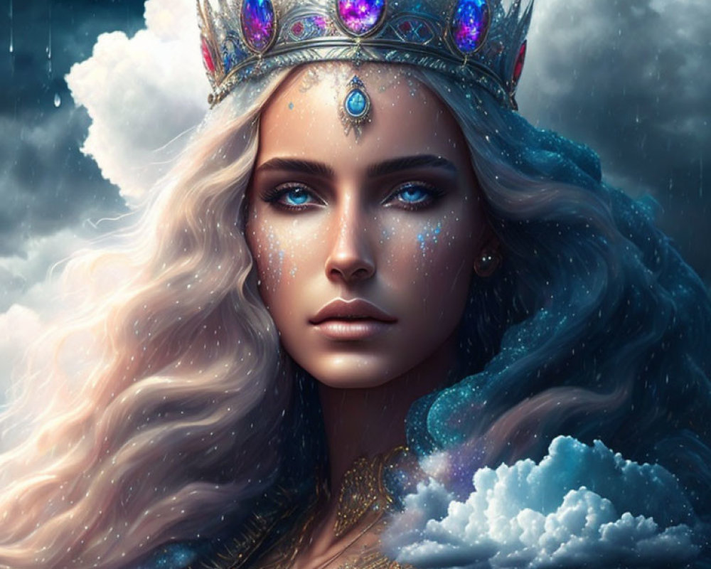 Regal woman with long wavy hair and jeweled crown under cloudy sky.